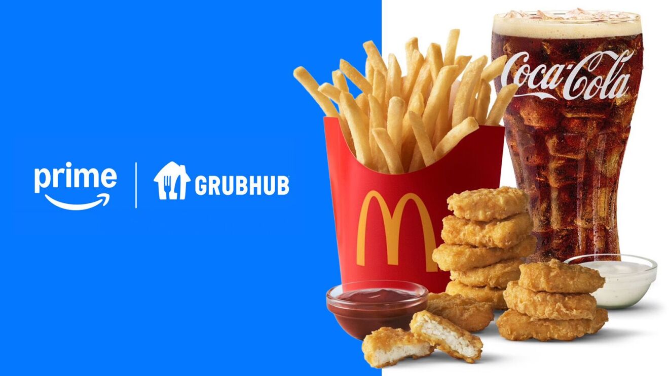 Fast food combo featuring McDonald's and Coca-Cola products, with Prime and Grubhub logos