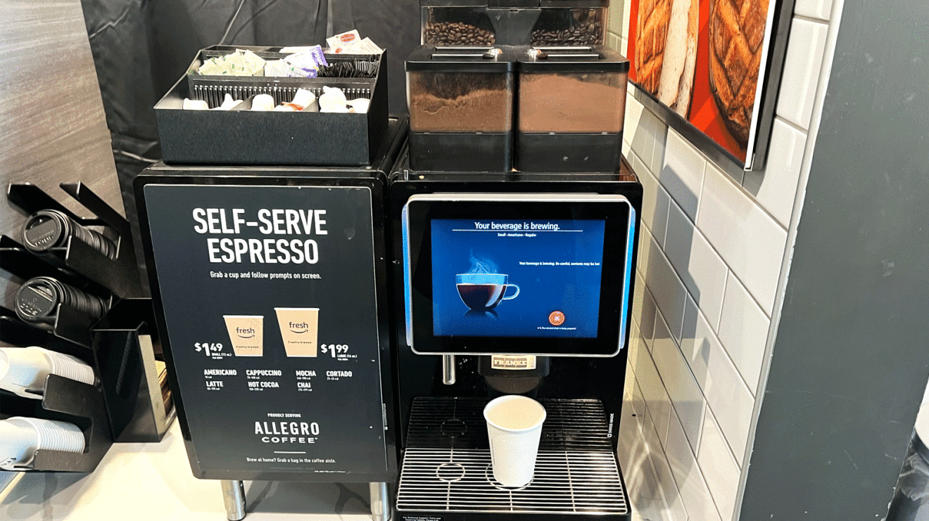 An image of a self-serve coffee machine inside an Amazon Fresh store