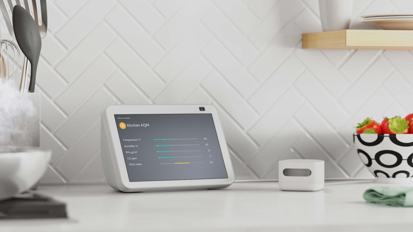 An Amazon Smart Air Quality Monitor sits on a kitchen counter.