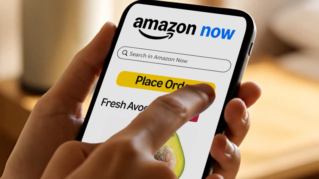 Hands holding smartphone displaying Amazon Now app interface