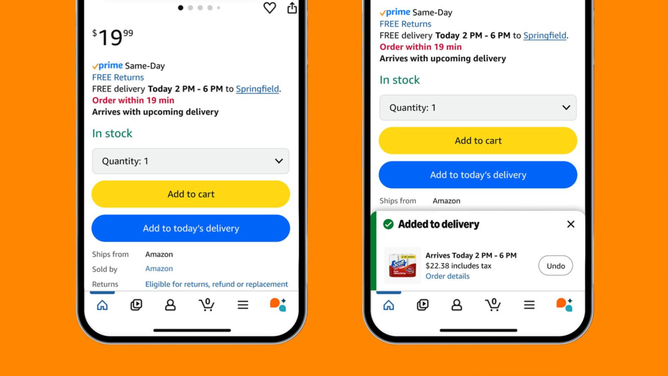 Amazon Prime Same-Day delivery options on smartphone interface featuring Add to today's delivery option