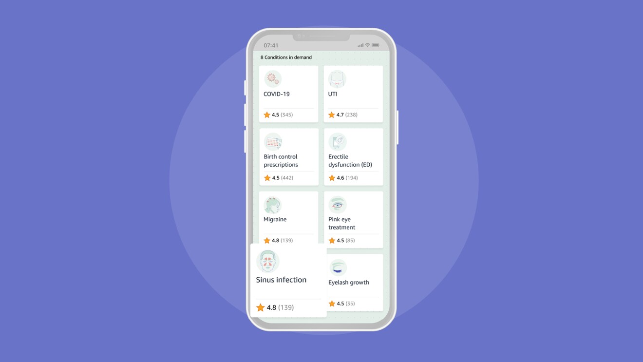 an illustration of a phone screen showing the amazon clinic UI where patients choose what kind of condition they would like treatment for