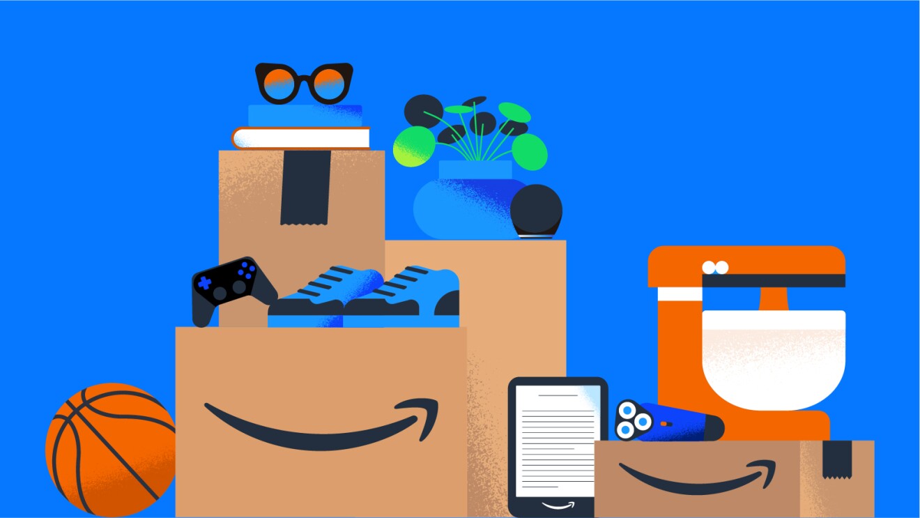 Stylized illustration of Amazon deliveries featuring sports gear, appliances, and tech