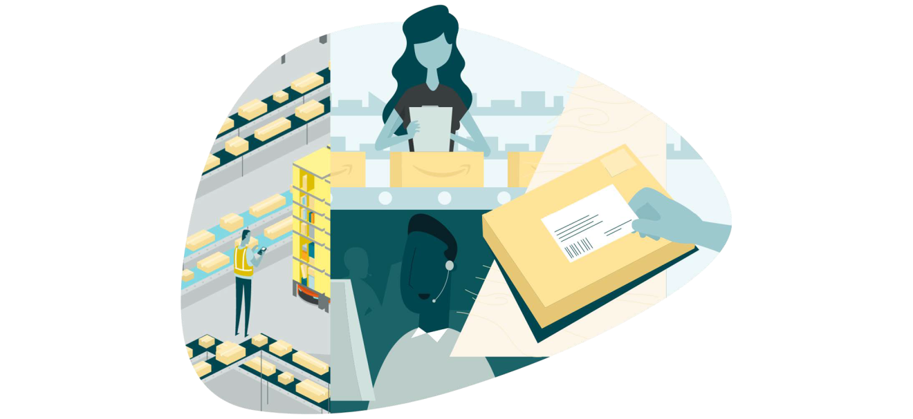 Brand Protection Reportの表紙イラスト 製品を作っている女性、商品を管理するAmazonのスタッフ