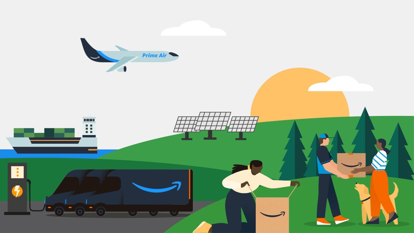 An illustrated image showing Amazon vans getting charged, an airplane with the "Prime Air" logo, and people handling boxes with the Amazon logo. The background shows the sun, solar panels, and trees.