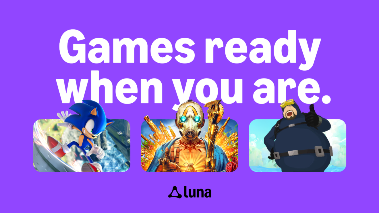 Title characters Sonic The Hedgehog, a Vault Hunter, and Dave the Diver against a purple Amazon Luna background.