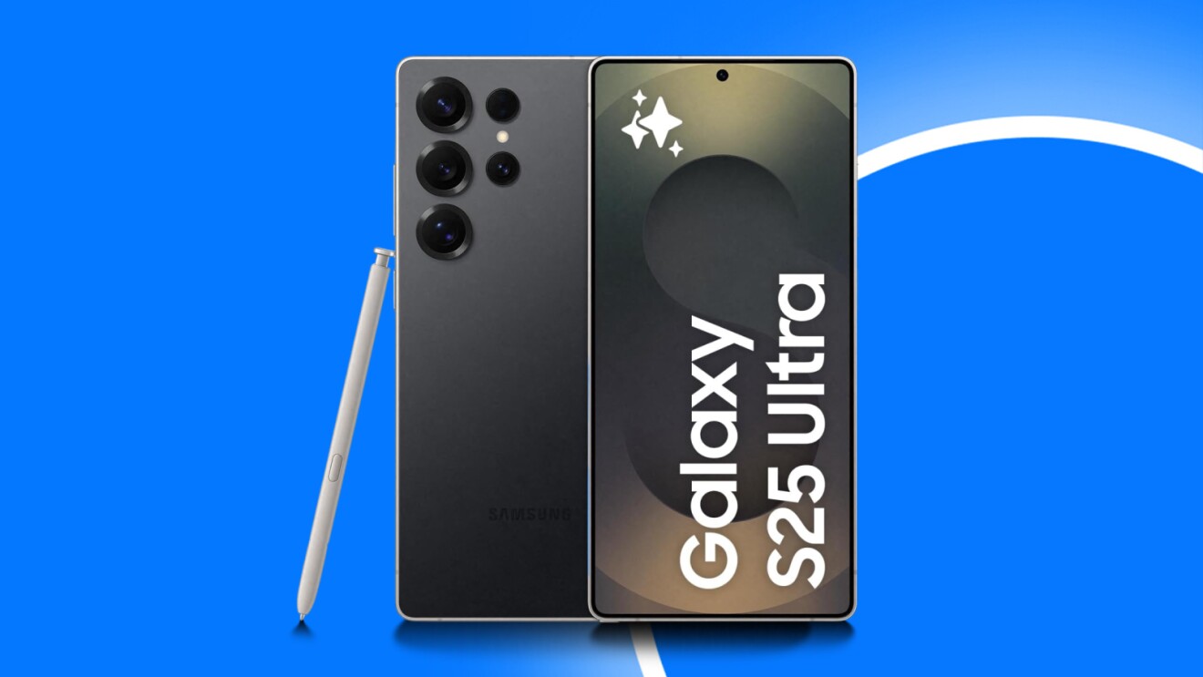 Samsung Galaxy S25 Ultra smartphone with stylus on blue background