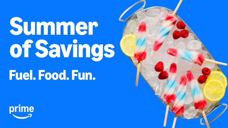 Amazon Prime Summer of Savings promotion featuring popsicles on ice with text Fuel. Food. Fun.