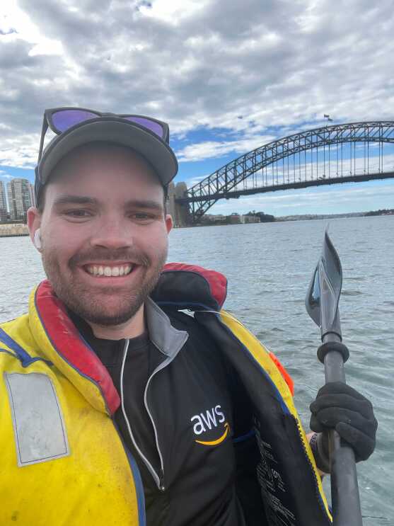 Alistair from Amazon Web Services took home bronze in the 'show off your best weekend exercise' event, for his photo of from a kayak on Sydney Harbour with the iconic bridge behind him