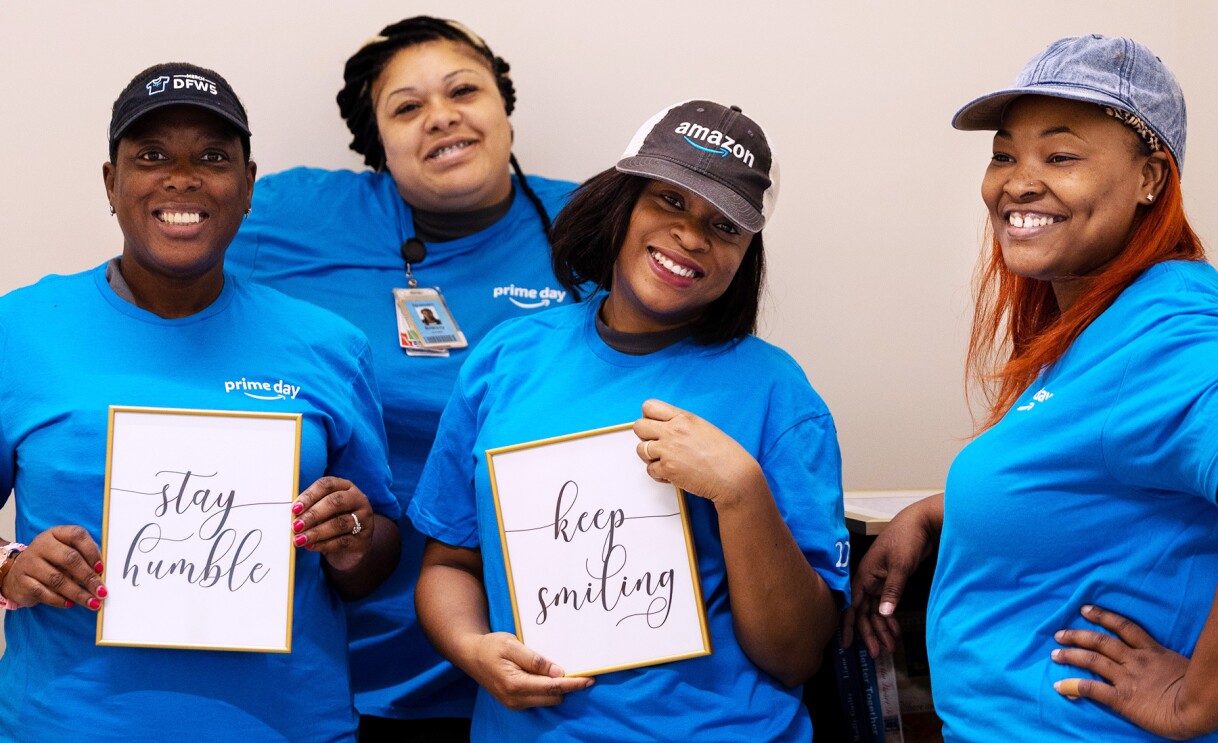 Amazon employees surprise nonprofits and schools with donations of various items.