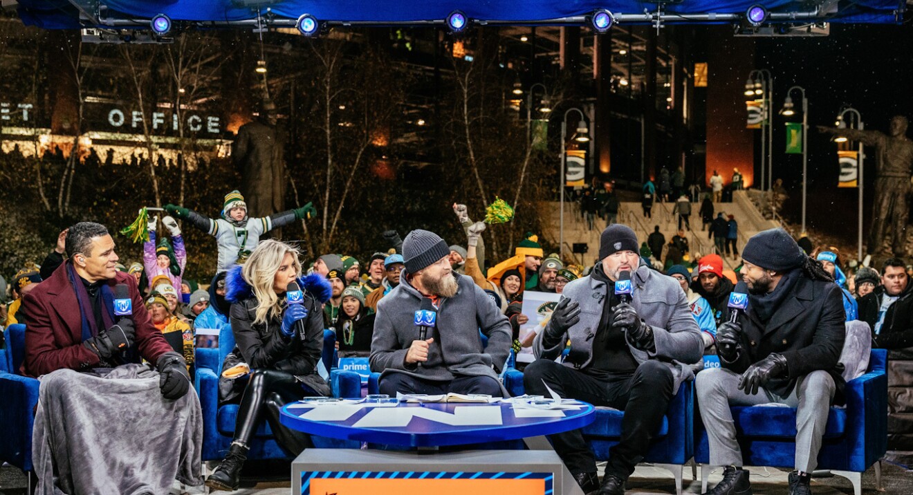 An image of Thursday Night Football announcers on the field during a Prime Video broadcast.