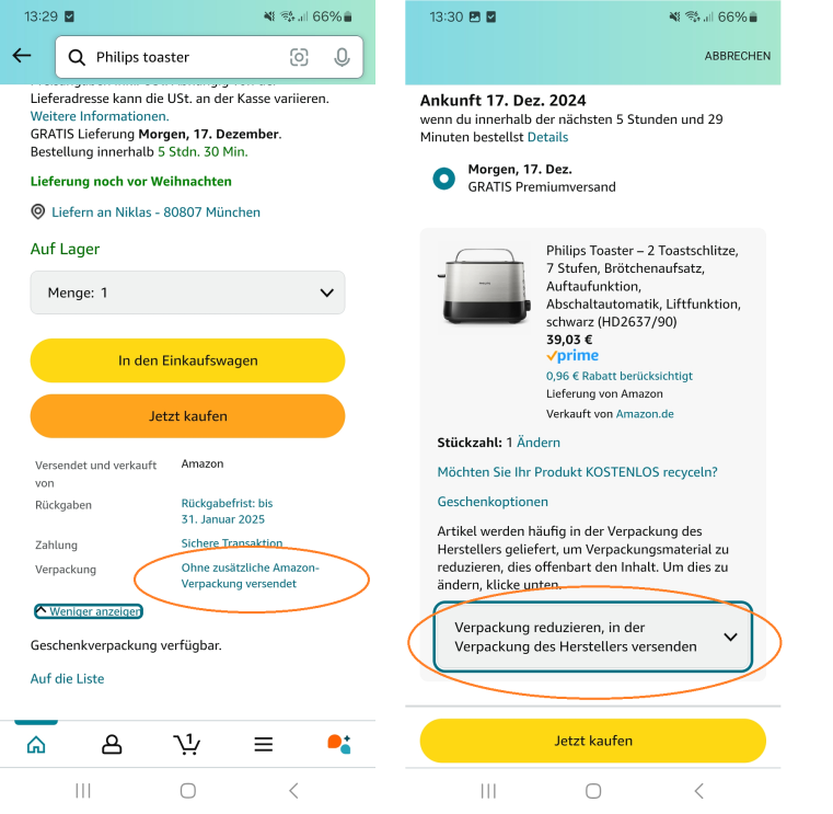 Verpackung bei Amazon ohne Umverpackung