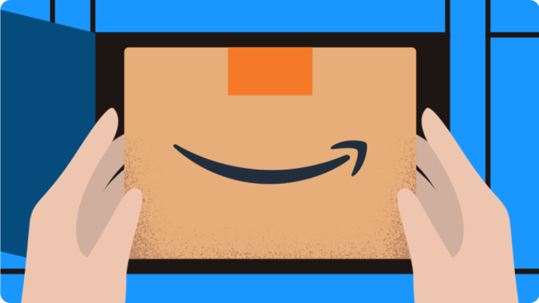 Hands holding Amazon package with logo visible