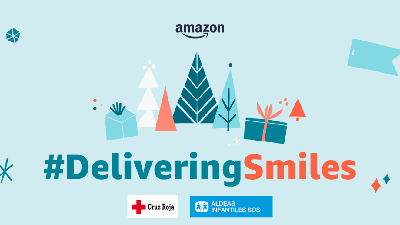 Con la etiqueta DeliveringSmiles está el logo de Amazon en la parte superior y debajo el de Cruz Roja y Aldeas Infantiles SOS.  