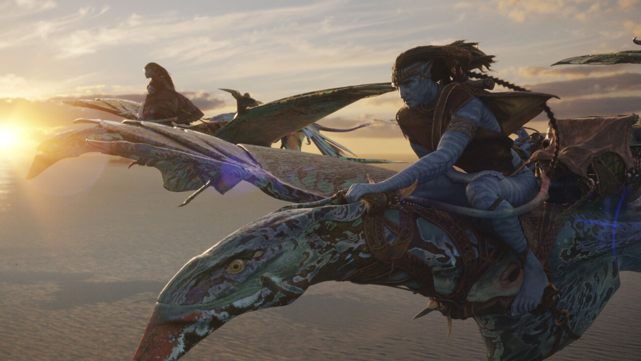 Na'vi rider soaring on a flying creature above Pandora at sunset
