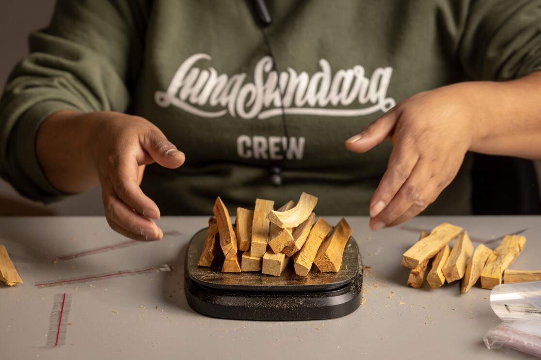 Close photo of hands of person weighing pieces of wood on a small scale.