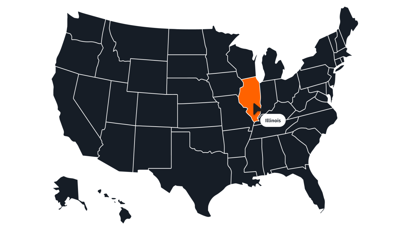 A illustrated map of the United States. Illinois is highlighted with an arrow next to it