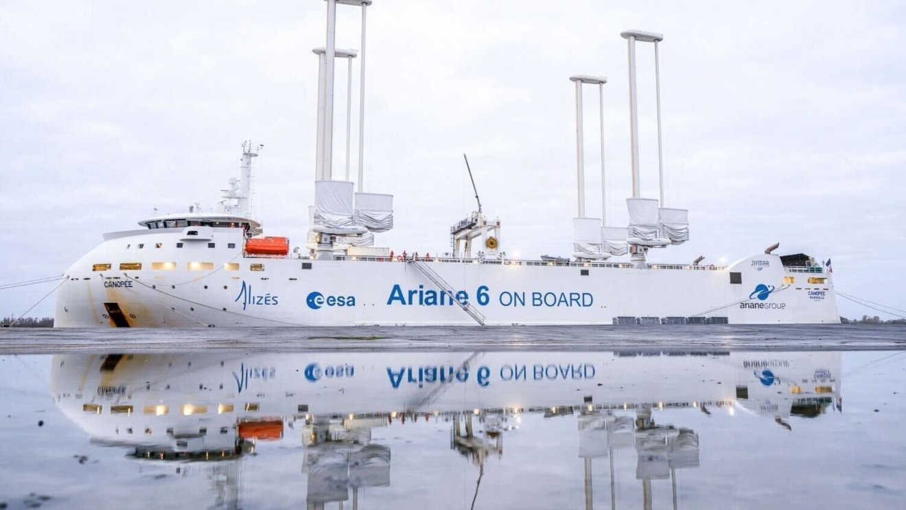 Cargo ship Canopée with Ariane 6 rocket components reflected in water