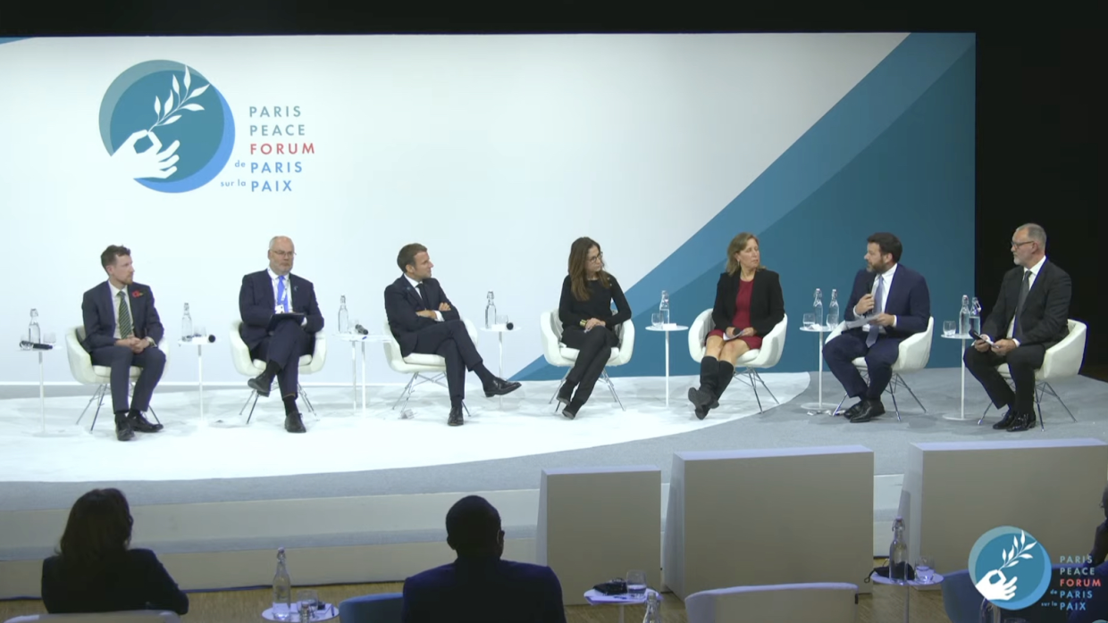 Round table discussion during the Paris Peace Forum 2021 with the participation of Emmanuel Macron (President, Republic of France); Alar Karis (President, Republic of Estonia); Susan Wojcicki (CEO, Youtube); Justine Atlan (Director General, Association e-Enfance); Russell Grandinetti (Senior Vice President, Amazon);  Iain Drennan (Executive Director, WEPROTECT Global Alliance)