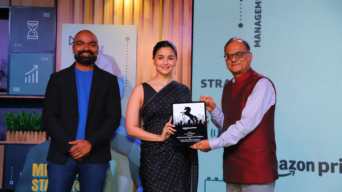 Actress, investor, and entrepreneur Alia Bhatt with Sushant Sreeram -- Country Director, Prime Video India (left) and Ajay Kumar Sood -- Principal Scientific Adviser, Government of India (right)