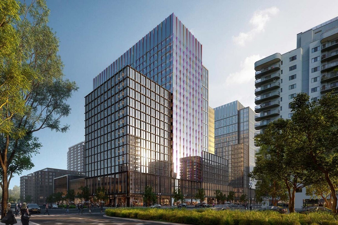 Image renderings showing the Met Park at Amazon's second headquarters in Arlington, Virginia.
