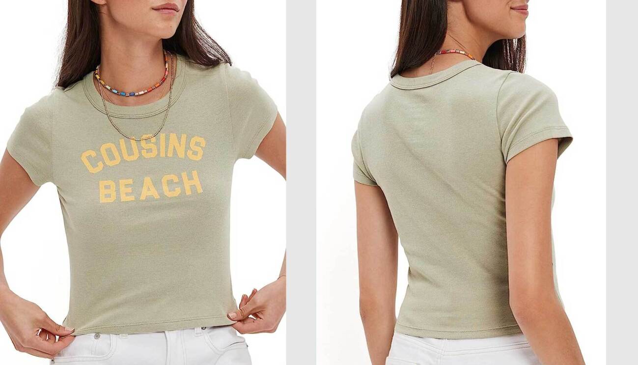 Image of sage grey "Cousins Beach" baby tee.