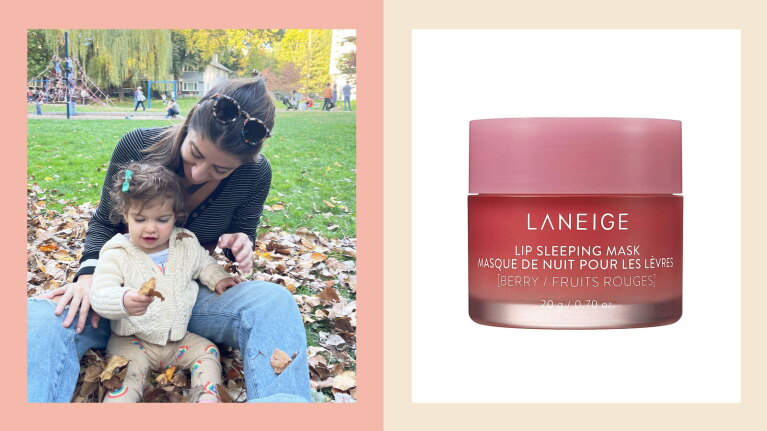 On the left Liz Gordon sits in a pile of leaves with her daughter. On the right is a product image of a LANEIGE Lip Sleeping Mask.