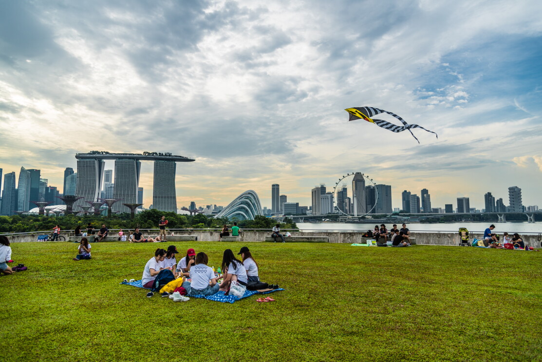 A picture of people having picnics and flying kite, against the Singapore skyline.