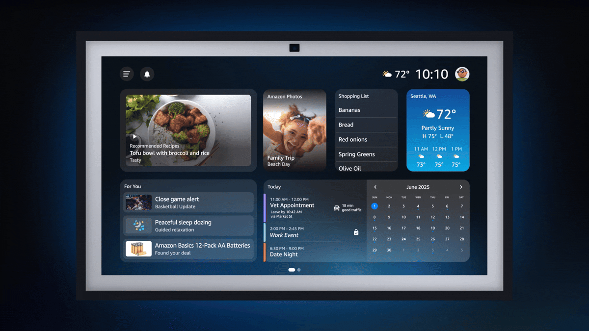 Smart home dashboard displaying weather, calendar, shopping list, and personalized recommendations