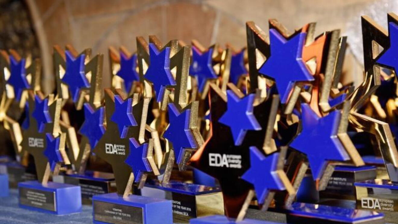 European Diversity Awards clustered together on a table 