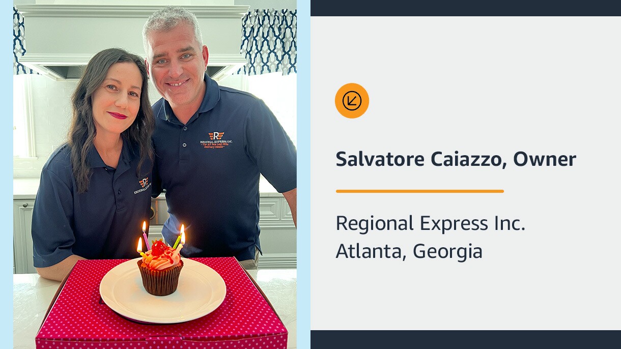 Salvatore Caiazzo stands next to his wife with a cupcake with lit candles in front of them.