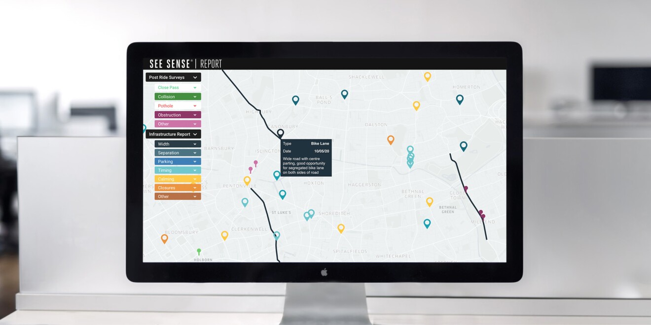 Dashboard of data for See Sense showing locations on a map in different colours 