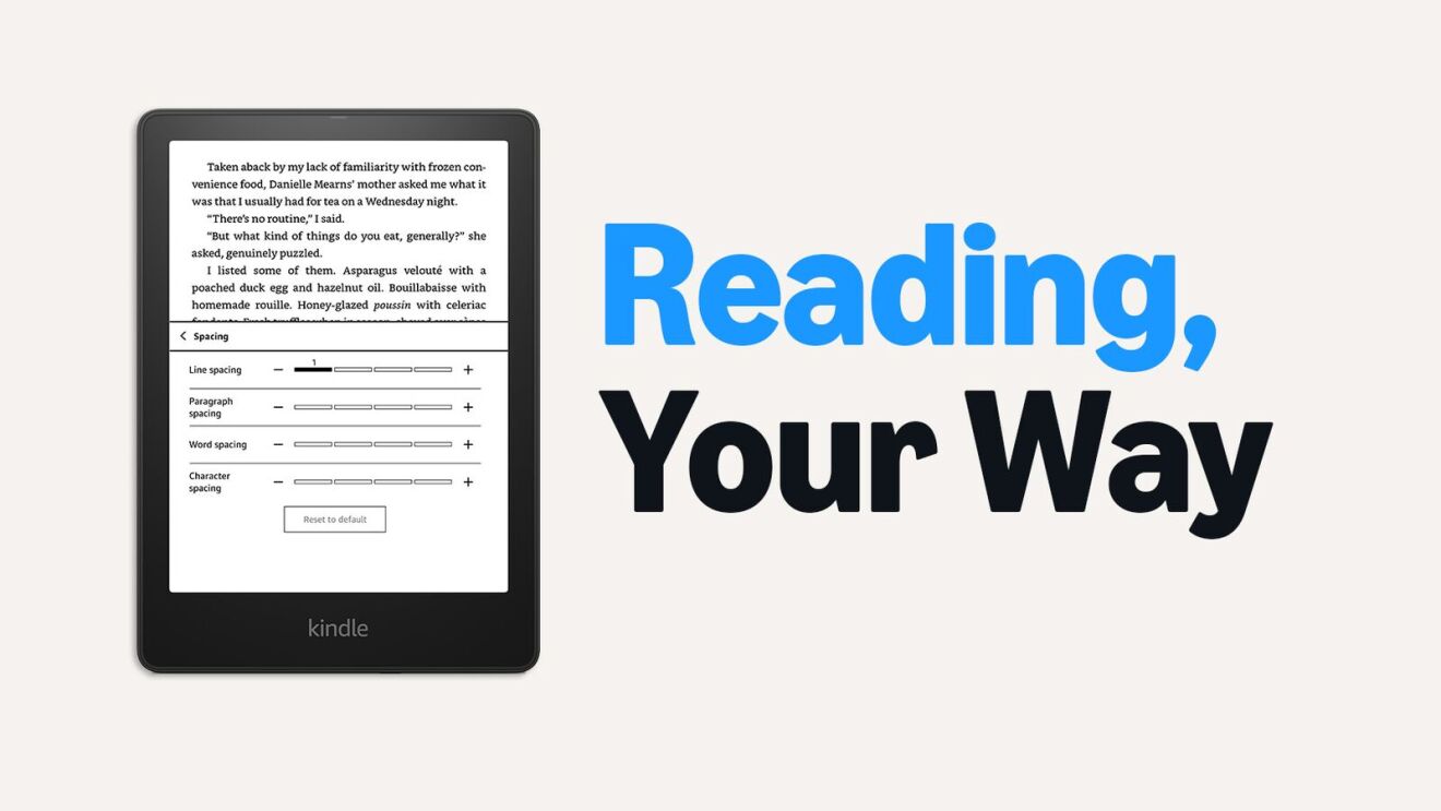 Kindle device displaying text settings next to 'Reading, Your Way' slogan