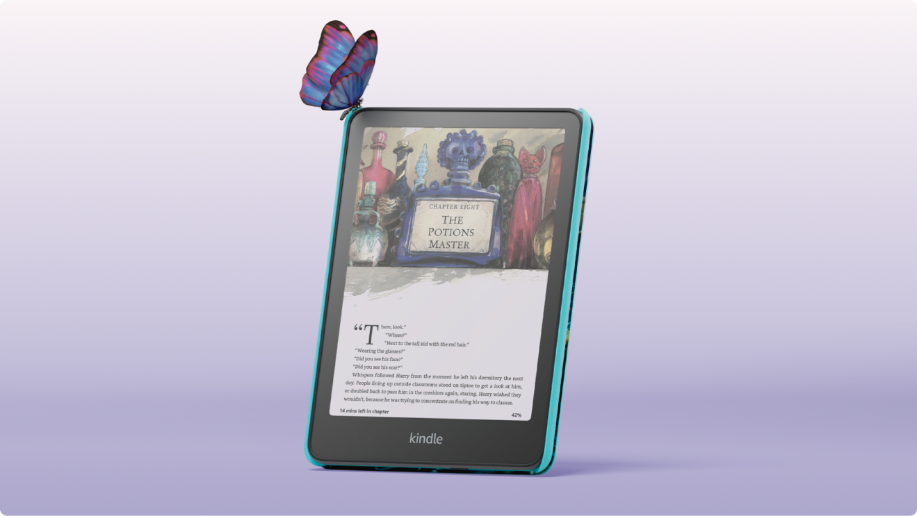 Butterfly sitting on a Kindle showing a children's fantasy book on the screen