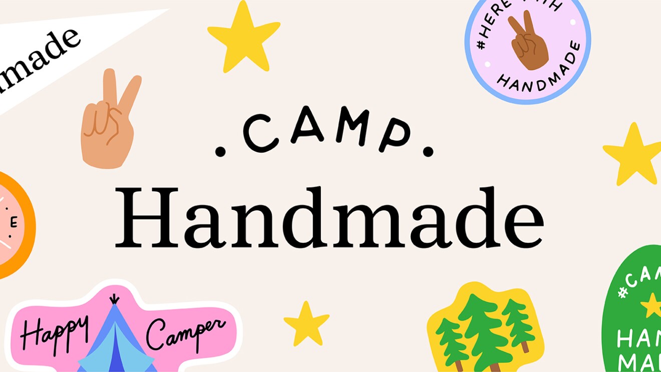 标识为“营手工”,显示了营地的插图徽章图标的树木、帐篷、指南针、等。