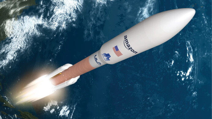 An image of an Amazon branded rocket with Earth in the background.
