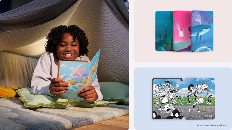 Child reading Kindle e-reader in cozy blanket fort, Kindle with colorful covers displayed on light background