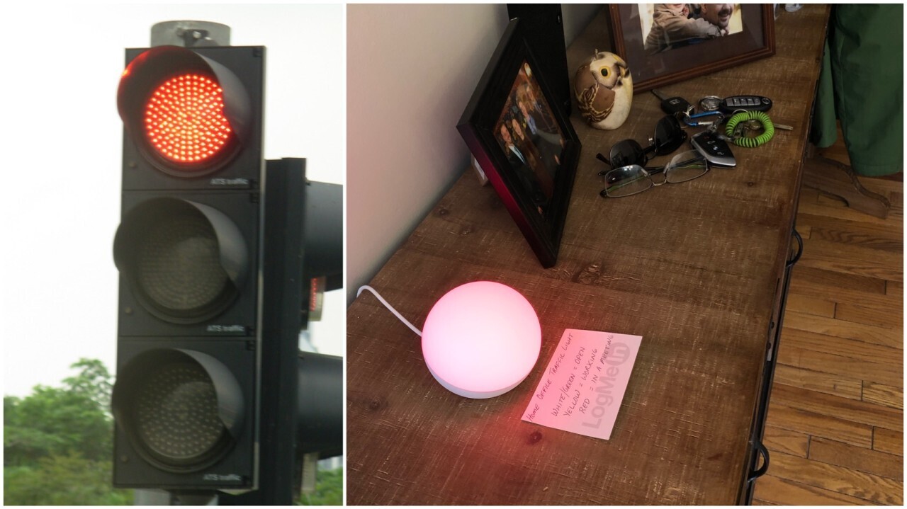 A composite image of stoplight and an Amazon Echo device being used to help manage a coworkering space.