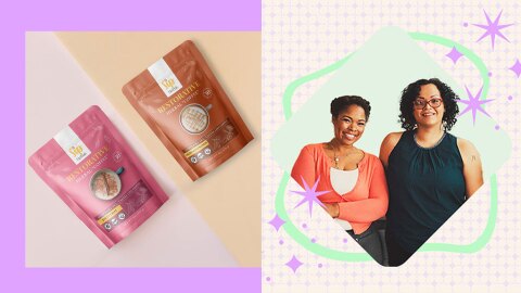 并排的两个图片,左边显示恢复咖啡袋,右边显示两个女人和一个彩色的背景。