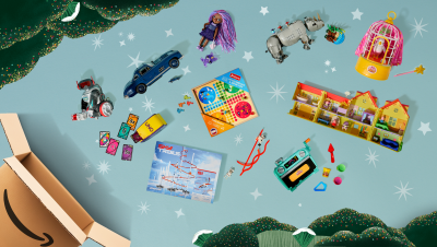 Ensemble de jeux et d'idées cadeaux pour Noël sur fond bleu