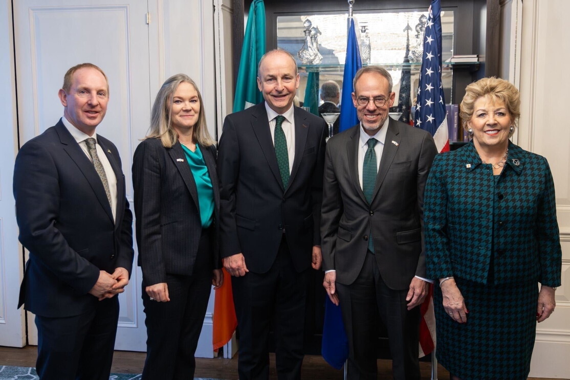 From left to right: IDA Ireland CEO Michael Lohan, Amazon VP for EU Public Policy Lucy C. Cronin, Irish Taoiseach Micheal Martin, Amazon Senior VP for Global Affairs & Legal David Zapolsky, and Irish Ambassador to the US Geraldine Byrne Nason at a gathering in Washington, DC, during March 2026.   