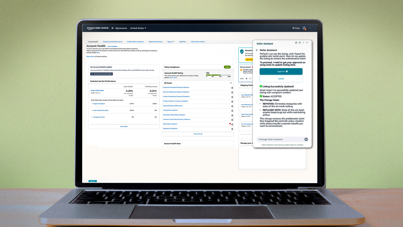 Amazon Seller Central dashboard displaying account health and performance metrics
