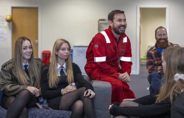 Scottish star Martin Compston joins students from Lochgelly High School on the set of The Rig