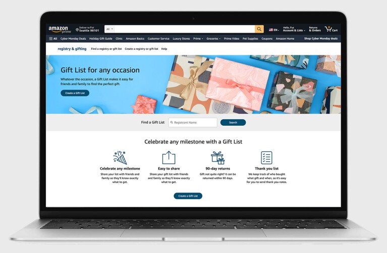 An image of a laptop. On the screen you see the page to create a Gift List on Amazon