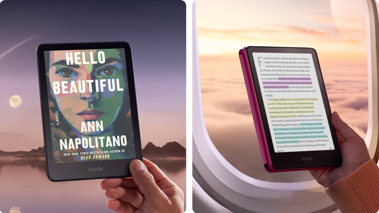 Amazon Kindle Colorsoft displaying book cover and highlighted text