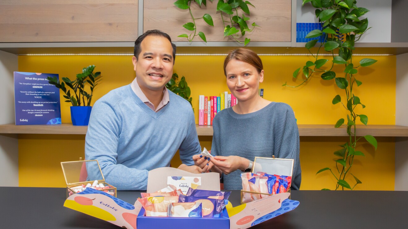 Thang Vo-Ta, CEO and co-founder at Callaly holding period products with colleague