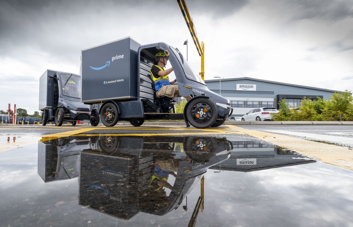An e-cargo bike outside an Amazon delivery hub in Glasgow