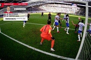 An image of professional players on a soccer field. There is an overlay showing play stats from AWS Match Facts.