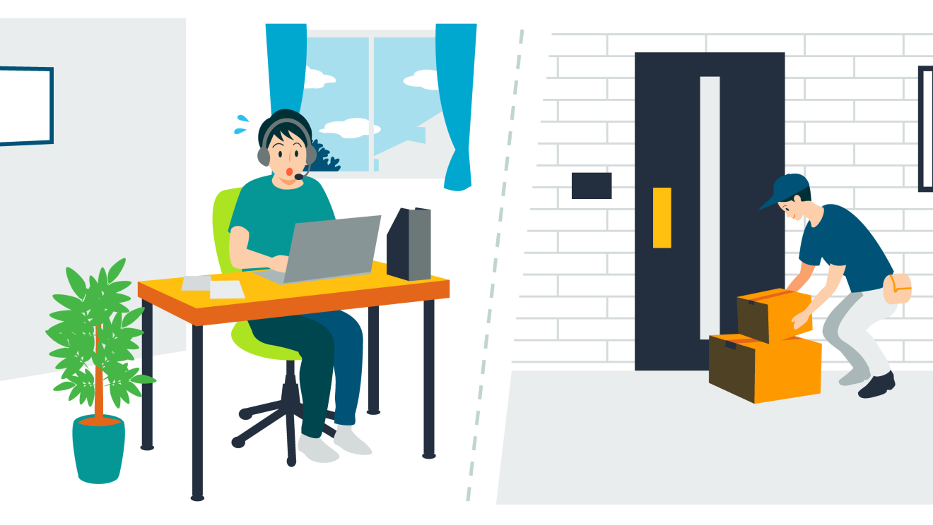 自宅で仕事をしている男性と玄関の前で配達品を置く男性