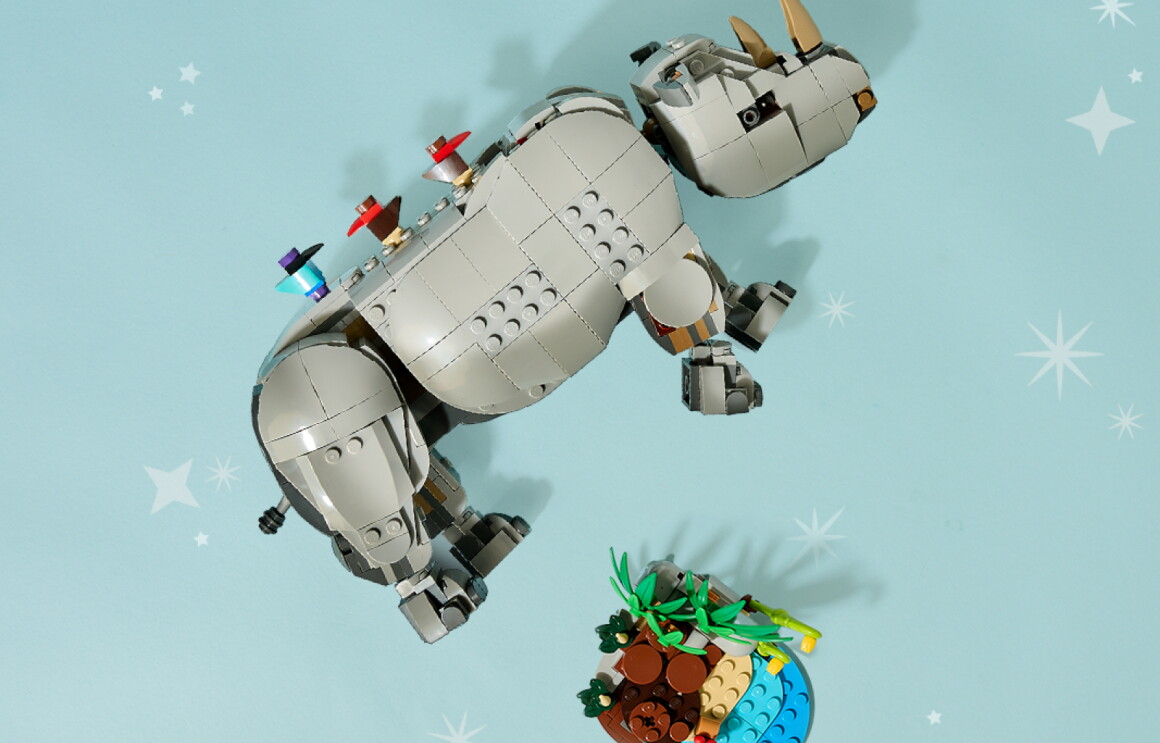 LEGO rhino sculpture on starry blue background